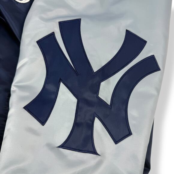 Rare STARTER NEW YORK YANKEES double sided Navy / Gray satin snap bomber jacket - Picture 7 of 16
